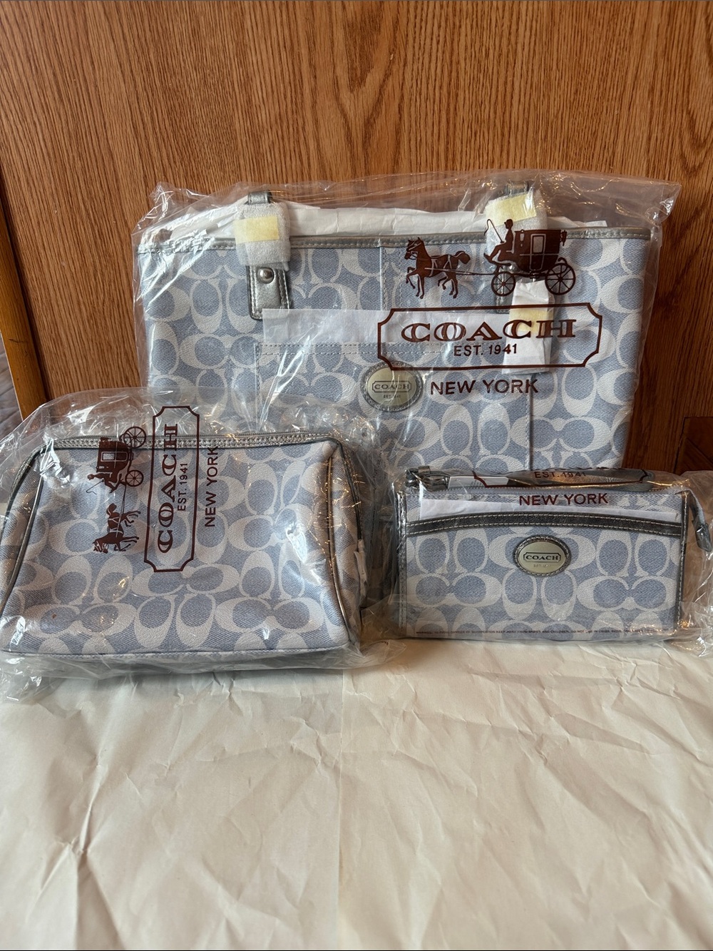 *Brand New!* Vintage Coach Light Gray Signature Tote with Matching Pouches